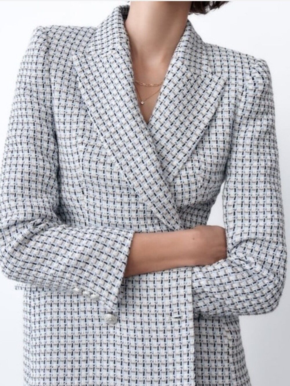 Zara Blue & White Houndstooth Double-Breasted Blazer, Sz S